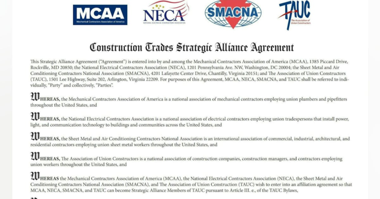 NECA, MCAA, SMACNA and TAUC sign strategic alliance agreement.