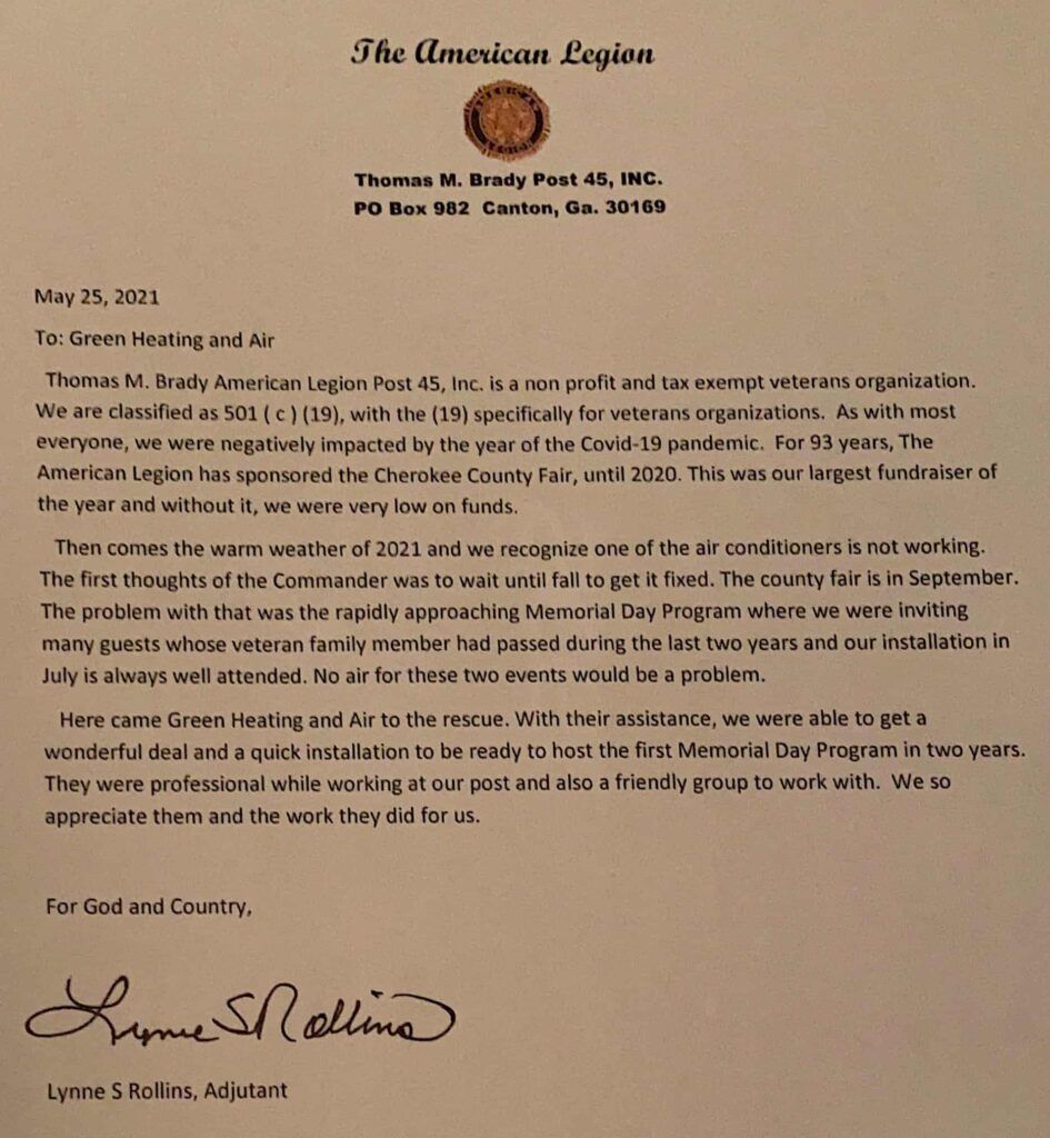 Green Heating & Cooling Donates HVAC System to the American Legion